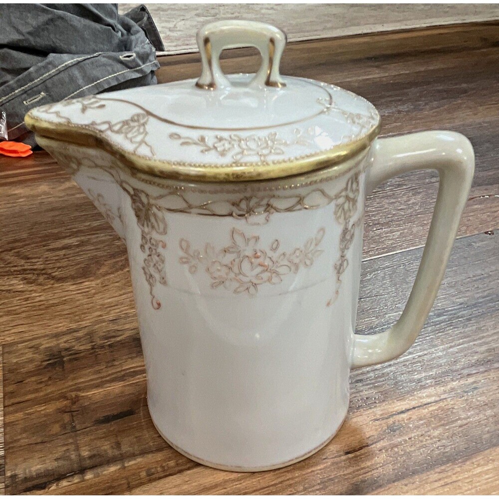 Hand Painted Nippon Porcelain Lidded Pitcher Floral White Gold Japan